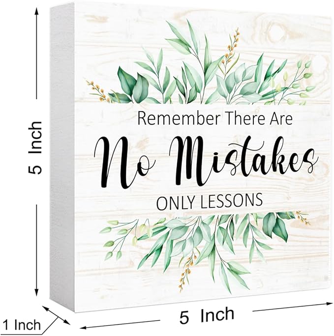 There Are No Mistakes Sign Wood Box,Funny Inspirational Quote Wooden Block Sign for Home Office Tabletop Shelf Decor 5" x 5",Motivational Desk Decor Accessories for Women