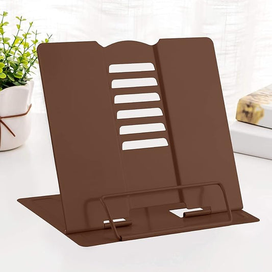 MSDADA Desk Book Stand Metal Reading Rest Book Holder Adjustable Cookbook Documents Holder Portable Sturdy Bookstands for Recipes Textbooks Tablet Music Books with Page Clips (Brown)