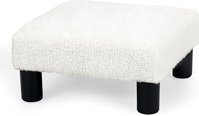 Joveco Small Foot Rest Stool Ottoman, Square Boucle Upholstered Footrest with Plastic Legs, Under Desk Footstool for Chair, Office, Living Room, White