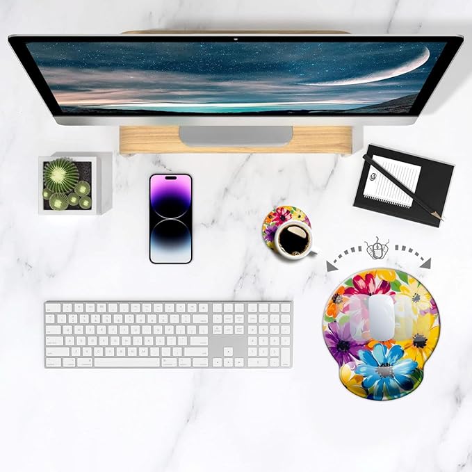 Ergonomic Mouse Pad with Wrist Support,Mouse Pad with Wrist Rest and Coaster Set,Office Supplies Non-Slip Mouse Pads for Desk, Non-Slip Comfortable,Colorful Floral