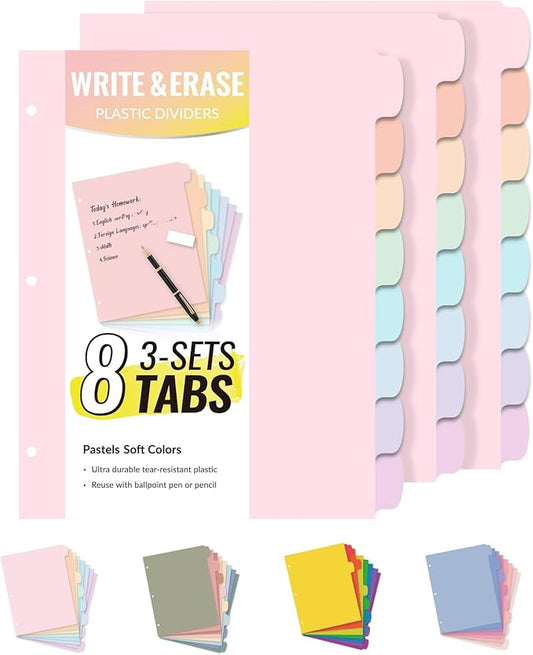 Sooez 8 Tabs Long-Lasting Plastic Write & Erase Large Tabs Dividers for 3 Ring Binder, Aesthetic Cute Pastels Binder Dividers for Student, Teacher, Office, Home Organizers, 3 Sets, Pastels Color