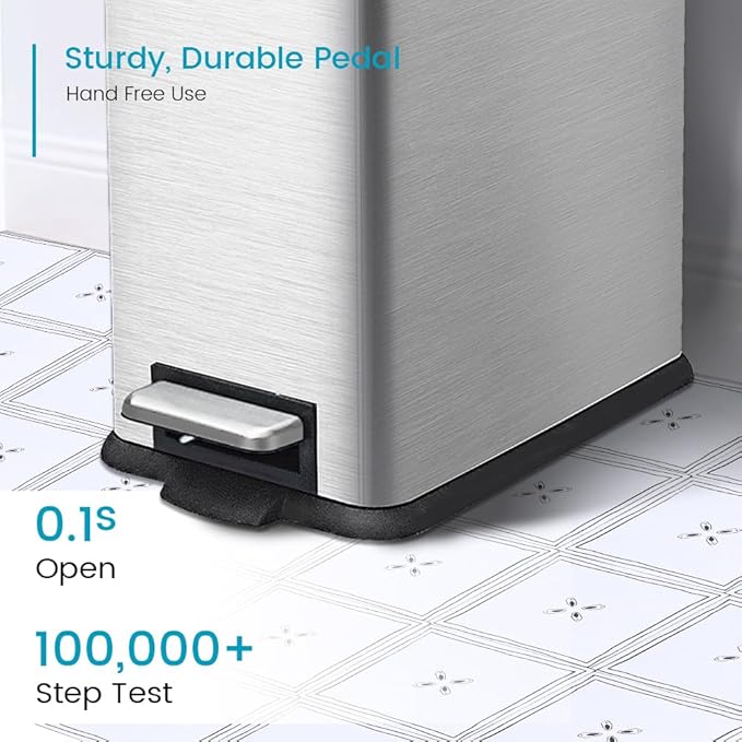 12 Gallon Slim Kitchen Trash Can, Metal Trash Can with Removal Inner Bucket and Soft-Close Lid, Foot Pedal, Stainless Steel Garbage Can 45 Liter, Silver