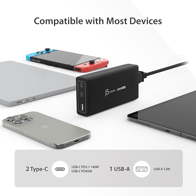 j5create 185W GaN USB-C/A 3-Port Laptop Super Charger w/Power Delivery 3.1, Supports MacBook Pro MagSafe 140W Charging-Simultaneously Power and Charge Laptops/Tablets/Phones/Game Consoles (JUP37185)