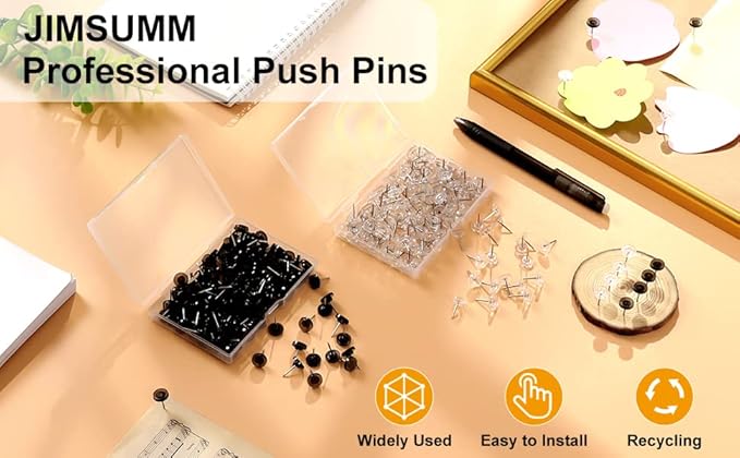150 PCS Push Pins, Standard Plastic Head Steel Point & Black Plastic Round Head for Wall & Bulletin Boards, Fabric Markers, Crafts and Office Organization