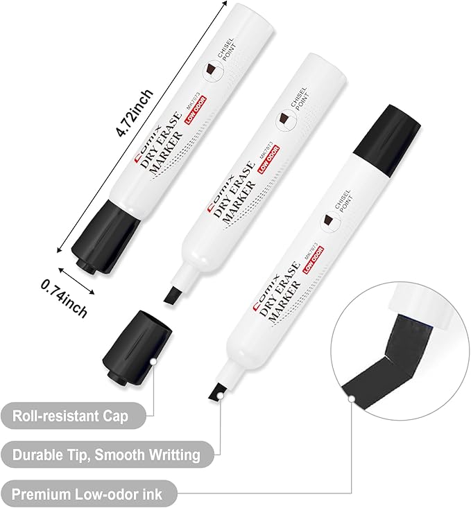 Comix Low Odor Dry Erase Markers, 12 Bulk Black Color Whiteboard Markers, Chisel Tip Thick Markers for Kids Teachers