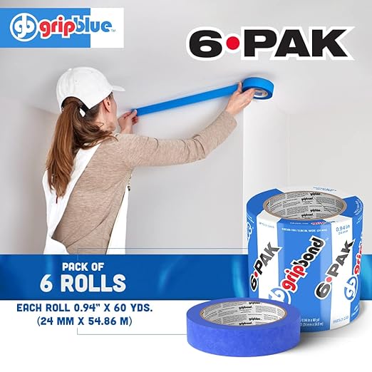 Blue Painters Tape 1 Inch Wide, 6 Rolls Masking Tape - Perfect for Precise Lines on Walls & Trim, Multi-Surface, Residue-Free, Easy Removal - Ideal for Indoor & Outdoor Use, 0.94in x 60yds