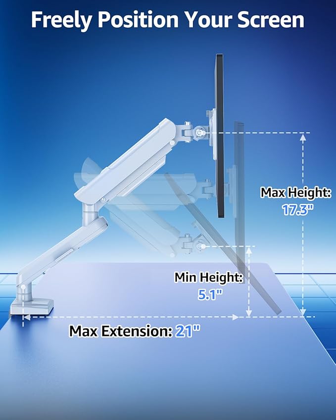 Single Monitor Mount for 32 27 24 22 inch Screen, Gas Spring Arm Holds 4.4-22 lbs, Monitor Desk Mount, Gaming & Home Office Use, VESA 75x75mm & 100x100mm, Freelift Pro White
