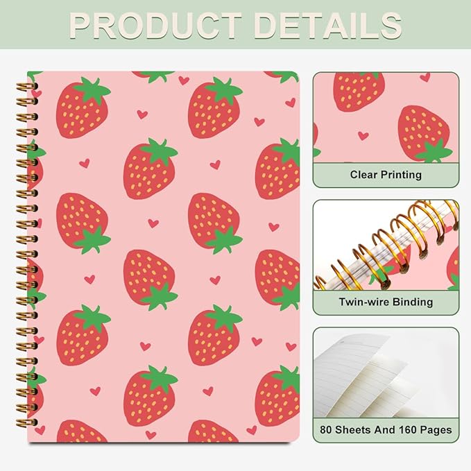 CFGBFDGH 2Pcs Strawberry Spiral Notebooks for Work, A5 Hardcover Notebook Journal, Pink College Ruled Notebook Travel Journal for Writing Office Note Taking 8.3x5.8inch, Strawberry Gifts for Women