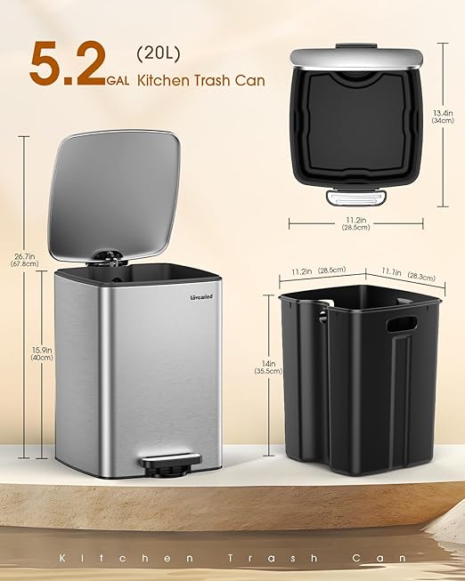 Lovewind Kitchen Trash Can with Lid, 5.2 Gallon/20 L Footstep Garbage Can for Kitchen Bedroom Home Office, 20 Liter Trash Bin Brushed Stainless Steel Waste Bin with Soft-Close Lid,Silver