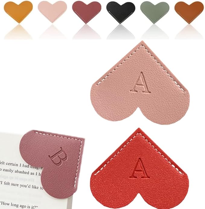 Personalized Leather Heart Bookmark, 26 Letters Customized Corner Book Mark for Reading Women, Book Marker with Initials，Cute Gifts (Red+Light Pink, A)