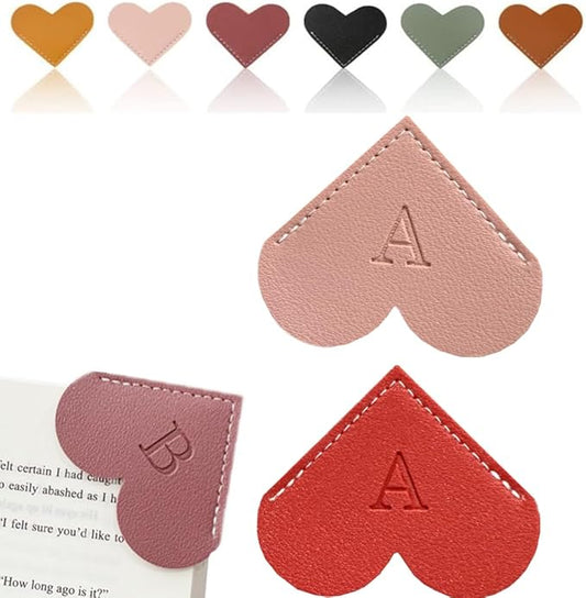 Personalized Leather Heart Bookmark, 26 Letters Customized Corner Book Mark for Reading Women, Book Marker with Initials，Cute Gifts (Red+Light Pink, A)