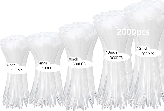 2000 PCS Zip Ties Assorted Sizes 4+6+8+10+12 Inch Self-locking Nylon Cable ties Heavy Duty Outdoor, UV Resistant Wire Straps for Home Office Garden Workshop Indoor Outdoor Fence((White)