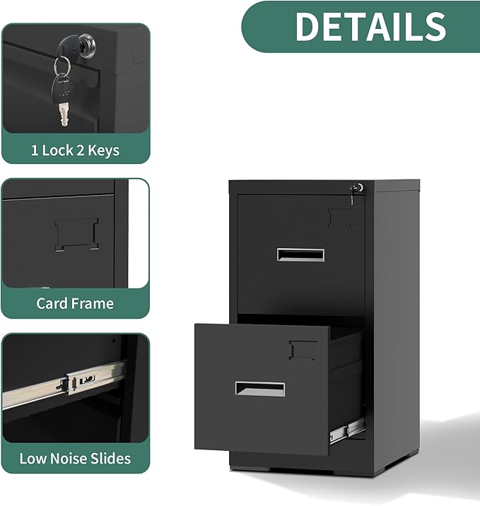 2 Drawer File Cabinets with Lock, Black Vertical Filing Cabinet for Home Office, Heavy Duty Metal Storage Cabinets Office Steel Cabinet for Letter Legal Size Files, Assembly Required
