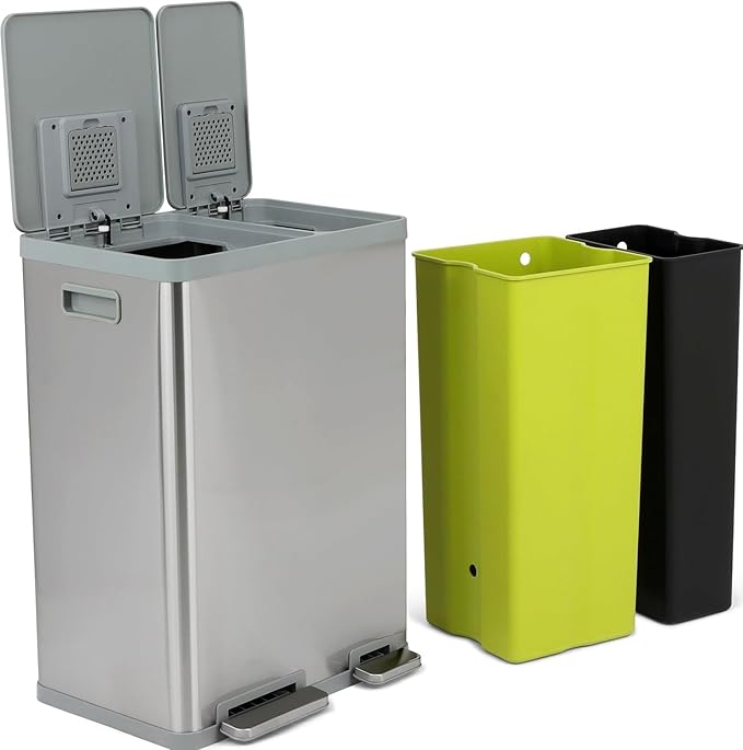 Simpli-Magic 60 Liter / 16 Gallon Rectangular Hands-Free Dual Compartment Recycling Kitchen Step Trash Can with Soft-Close Lid, Brushed Stainless Steel (38L x 22L Capacity)