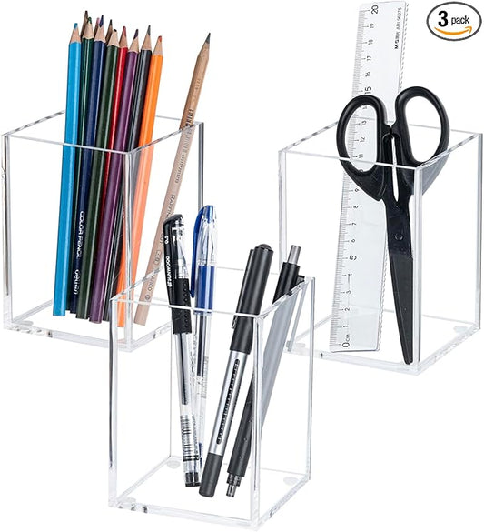 MyGift Modern Premium Clear Acrylic Desktop Pen Pencil Cup, Transparent Rectangular Office Desk Stationery Supplies Storage Organizer Holder, Set of 3