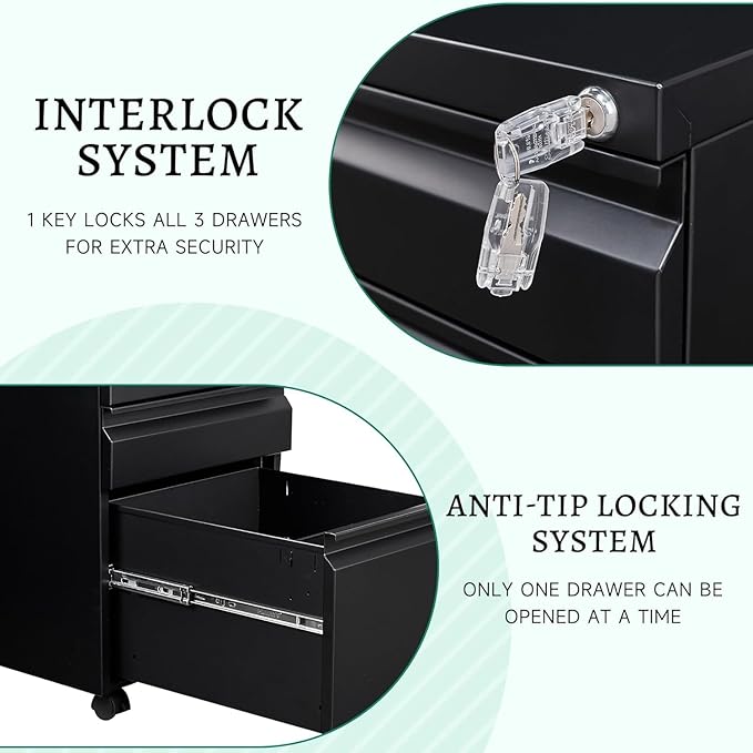 Letaya 3 Drawer Mobile File Cabinet with Lock, Under Desk Metal Rolling Filing Cabinets for Home Office Organizer Letters/Legal/A4 (Black- Requires Installation) (Black)