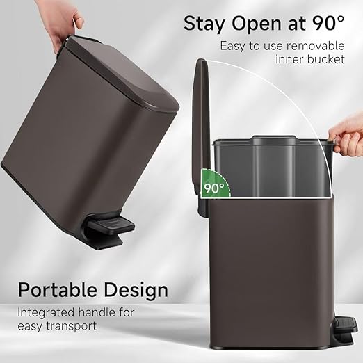 TIPGO Slim Bathroom Trash Can with Lid Soft Close, Step Pedal, 6 Liter / 1.6 Gallon Stainless Steel Trash Bin, Small Garbage Cans for Bedroom, Office, Kitchen (Brown)