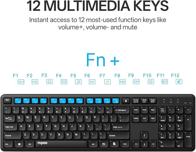 Rapoo X2100 Quiet Wireless Keyboard and Mouse Combo, 2.4GHz USB Receiver, 12 Multimedia Keys, Spill-Proof, Full-Sized, Compatible with PC, Laptop, Black