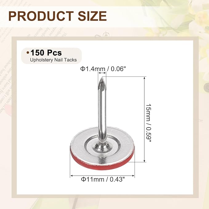 uxcell 150Pcs Upholstery Tacks, 11mmx15mm Flat Head Thumb Tack Decorative Furniture Nails Push Pins for Furniture Sofa Headboards, Red