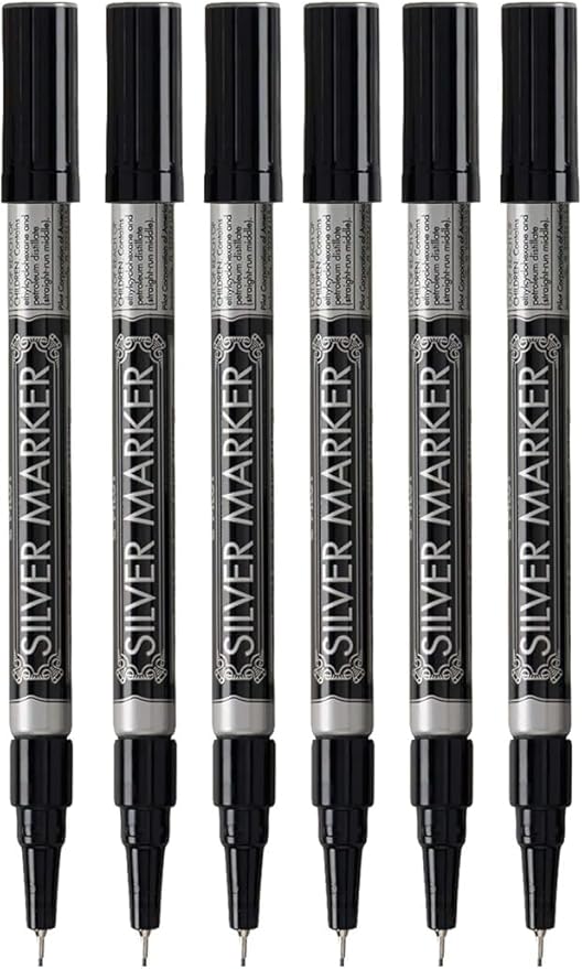 Metallic Permanent Paint Markers, Silver, Extra Fine Point (0.5mm), 6 Count, Bundle with Plastic Reusable Pouch