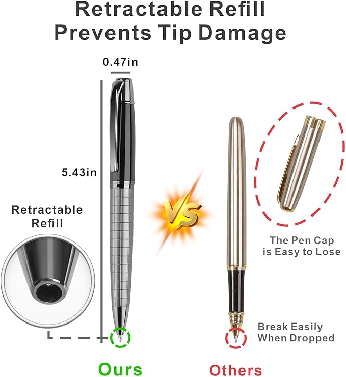 Cambond Ballpoint Pens Black Pens - Bulk Metal Pen for Journaling Gift Business Men Police Flight Attendants 1.0 mm Medium Point Nice Pen, 3 Pens with 6 Refills (Sliver with Black)