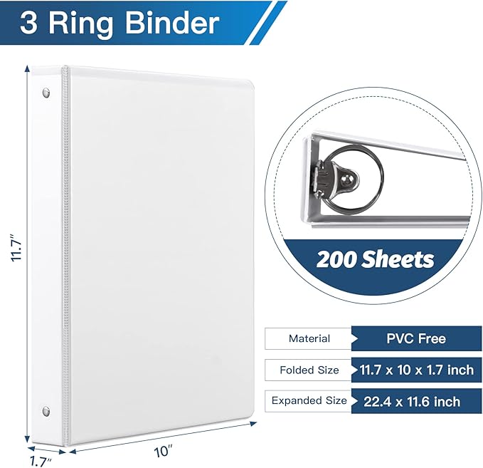 1-inch 3 Ring Binder with 2 Interior Pockets, 1'' Basic Binders Holds US Letter Size 8.5'' x 11'' Paper - Versatile Binders for Office, Home, and School Use, 6 Pack (White)