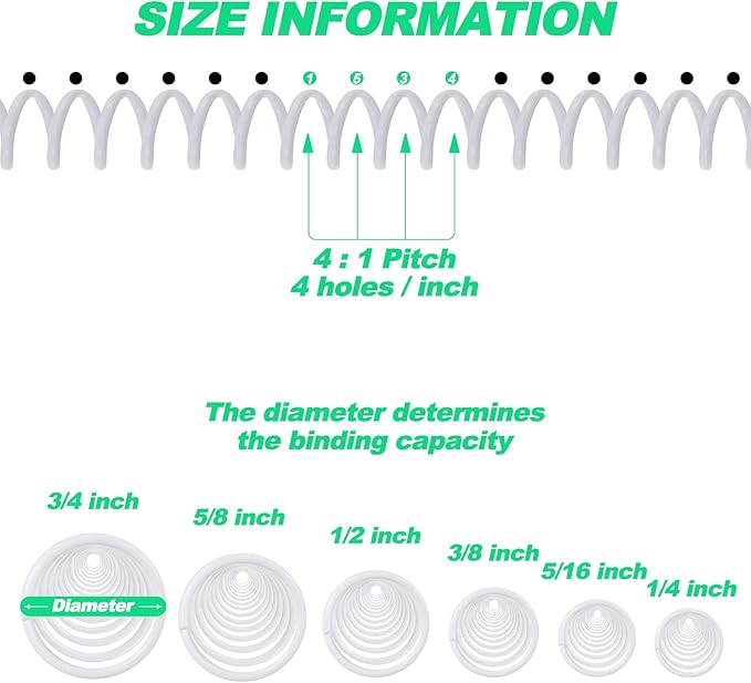 Leinuosen 120 Pack Plastic Spiral Binding Coils Kit Spirals Multi Size Coils for Binding Binder Combs Spines(1/4 5/16 3/8 1/2 5/8 3/4 Inch,White)