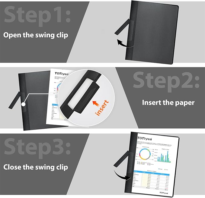TOTiyea 25 Pack Clear Report Covers with Swing Clip, File Folder with Swing Clip, 30 Sheets Capacity, Slide Locking Report Covers, Letter Size (Black, 25 Pack)