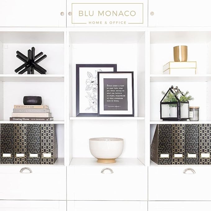BLU MONACO Set of 4 Stylish Black & Gold Geometric Magazine File Holders with Gold Label Holders – Desk or Bookshelf Storage for Home, Office, Classroom Organization and Décor