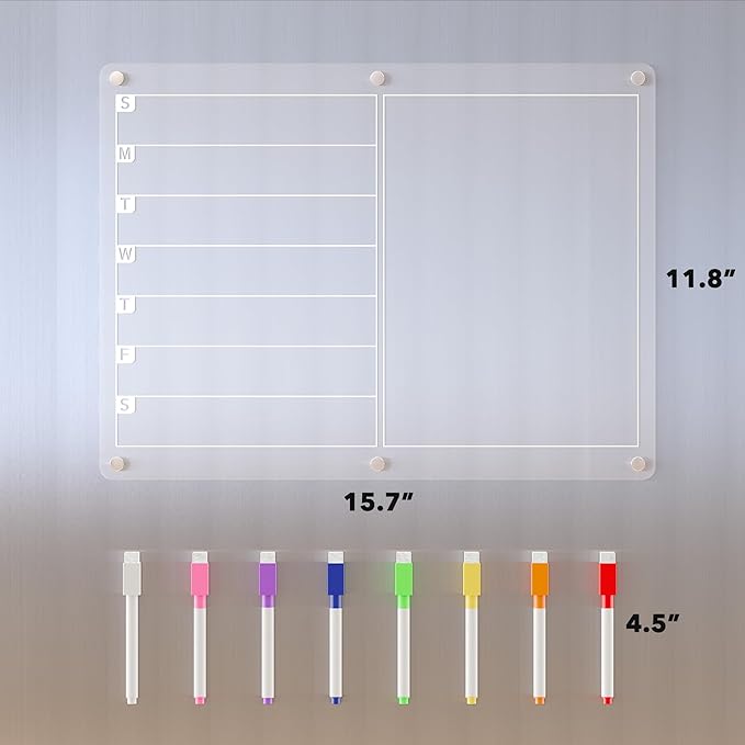 Acrylic Magnetic Dry Erase Board for Fridge, Clear Whiteboard for Refrigerator, Notepad Memo to Do/Grocery List White Board, w/ 8 Colors Markers, 15 x 11