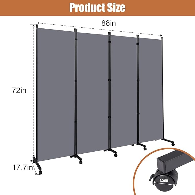 Room Divider Portable 88'' Partition Room Dividers and Folding Privacy Screens 4 Panel Wall Divider for Room Separation，Freestanding Fabric Room Divider Panel with Wheels for Home Office Hospital