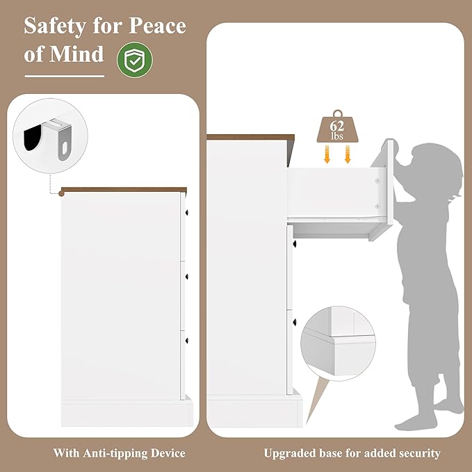 HOSTACK 6 Drawer Dresser, White Dresser for Bedroom, Wood Wide Chest of Drawers, Modern Farmhouse Drawer Chest for Living Room, Hallway, Entryway, White/Rustic Brown