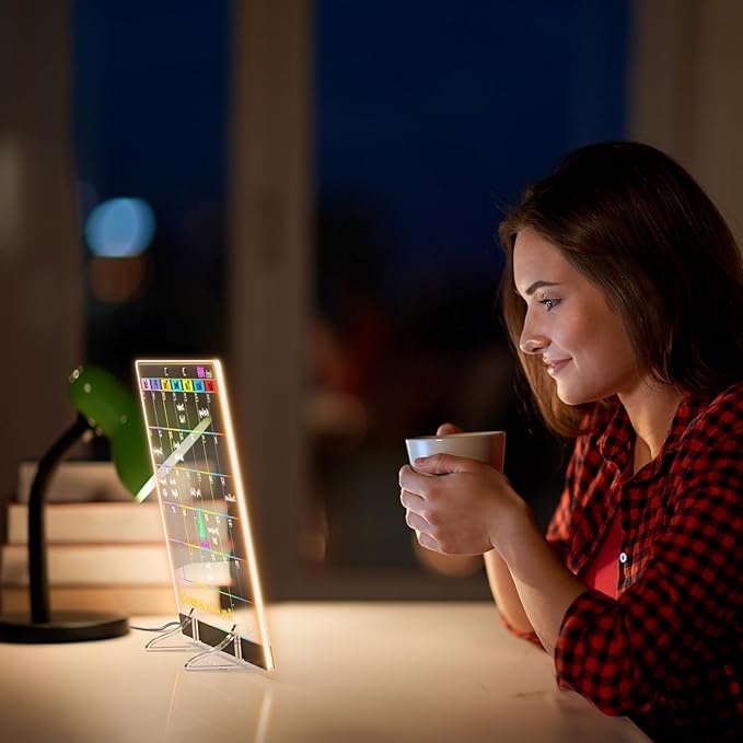 Acrylic Dry Erase Board Calendar with Light, 13.7"X10" LED Note Board with 6-Color Neon Glow Memo Monthly Planning Board for Gift/Room/Office/Wall with Stand, 7 Markers, Black