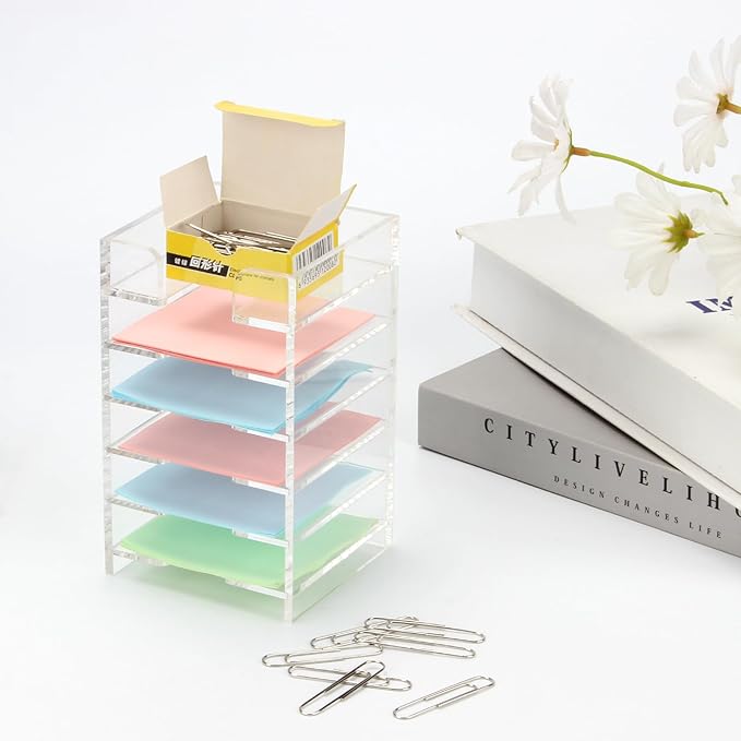 Acrylic Sticky Note Holder 6-Tiers, Sticky Note Organizer for Desk Colorful, Desktop Multiple Self Stick Note Pad Holder for Office Home School Desk Accessories Stationery Supplies, Clear