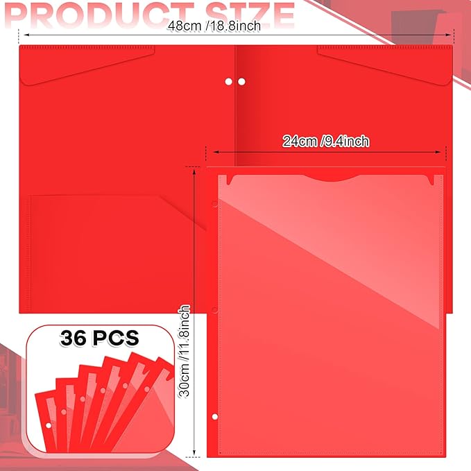 Henoyso 36 Pcs 2 Pocket Plastic Folders with Clear Front Pocket 3 Hole Punched File Folder Letter Size Take Home Documents Holder for Paper Holder Office Business Back to School Supply (Red)