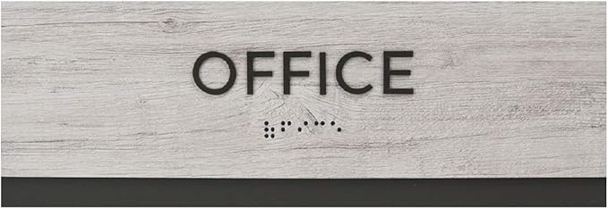 Office Sign with Braille/Small Business Easy Adhesive Mount Door and Wall Sign / 3" x 9" Sign/Silver Woodgrain