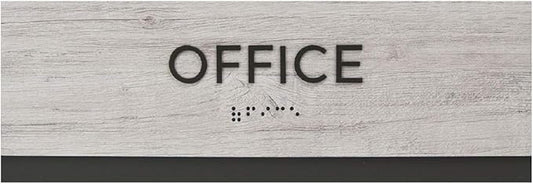Office Sign with Braille/Small Business Easy Adhesive Mount Door and Wall Sign / 3" x 9" Sign/Silver Woodgrain