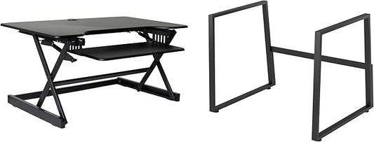 Rocelco 40" Large Height Adjustable Standing Desk with AC Outlet USB Charger and Floor Stand BUNDLE - Tall Dual Monitor Riser Computer Workstation - Keyboard Tray - Black (R DADRB-40-ACUSB-FS2)