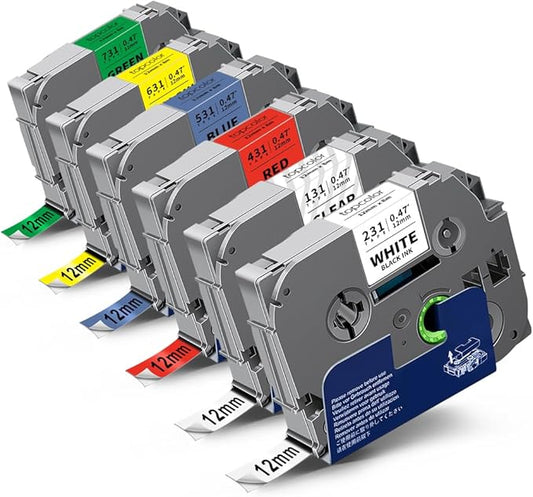 6-Pack 12mm 0.47" Laminated Label Tape Compatible for Brother P Touch Label Tape Tze Tz 12mm 0.47" Multi-Color Tze 231 131 431 531 631 731 1/2" Inch for PT-D220 PT-D210 PT-H130W PT2430 PTD400