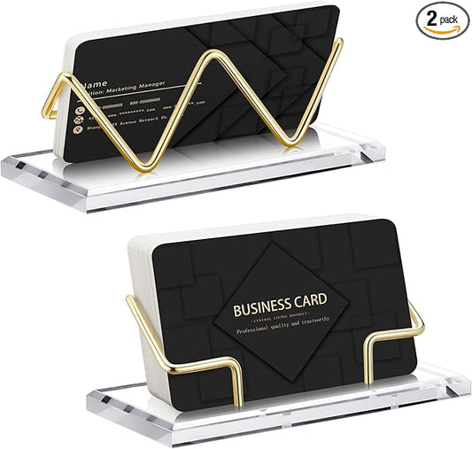 Amyhill 2 Pieces Acrylic Business Card Holder for Desk Clear Horizontal Business Card Display Stand Postcard Holder for Office Home Desktop (Gold)