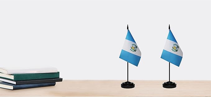 Guatemala Guatemalan Deluxe Desk Flag Set Small Mini Miniature Guatemala Guatemalan Table Desktop Flags With Solid Pole, Black Base and Spear Top(2 Pack)