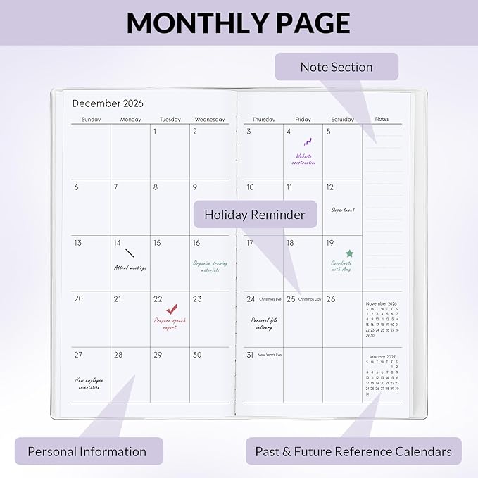 Pocket Calendar 2026-2027, Pocket Planner 2026-3.7" x 6.7" - Runs from July 2025 Until December 2027, Monthly Planner 2025-2027 with PVC Cover for Planning, Purple