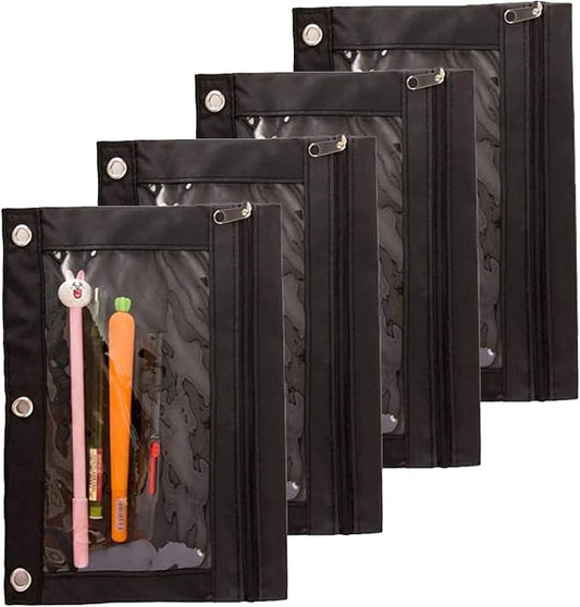Pencil Pouch for 3 Ring Binder, Zippered Pen Pencil Case Binder Pouch with Clear Window 4 Pack (Black)