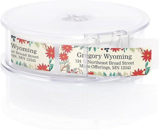 Ivory Holiday Floral Rolled Address Labels/Roll of 500 Personalized Return Address Labels/Designer Return Address Stickers in Elegant Plastic Dispenser