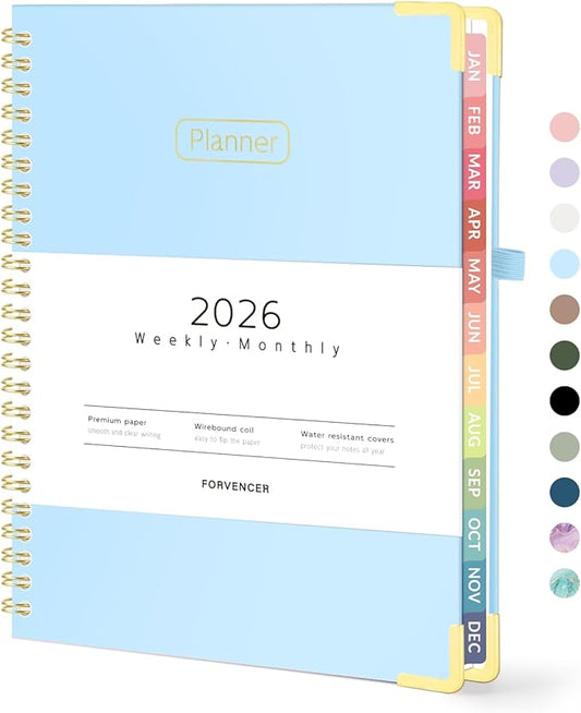 Forvencer 2026 Planner, Hardcover Calendar Planner Weekly and Monthly, January 2026 - December 2026, 6" x 8", Spiral Agenda Book with Tabs, Exquisite Daily Journal with Inner Pocket, Organizer Notebook for Office Home School, A5 Size, Light Blue