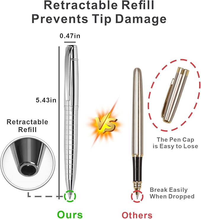 Cambond Ballpoint Pens Bulk - 1.0 mm Medium Point Metal Pens for Journaling Gift Business Men Police Flight Attendants, 3 Nice Pens with 6 Refills (Sliver)