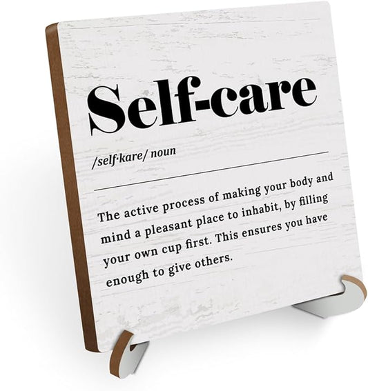 Self Care Definition Wood Sign Desk Decor Motivational Mental Health Rustic Office Cubicle Decor Inspirational Quotes Plaque with Wooden Stand Therapist Office Desk Accessories for Home Table Shelf