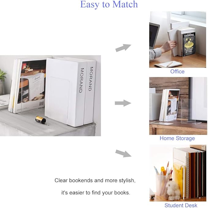 MerryNine Clear Book Ends 4pcs, Acrylic Bookends for Shelves, Non-Slip Bookend Decorative for Heavy Duty Book, Books Holder Stopper for Kids, Bookshelf Dividers Books Organizer for Office Home School
