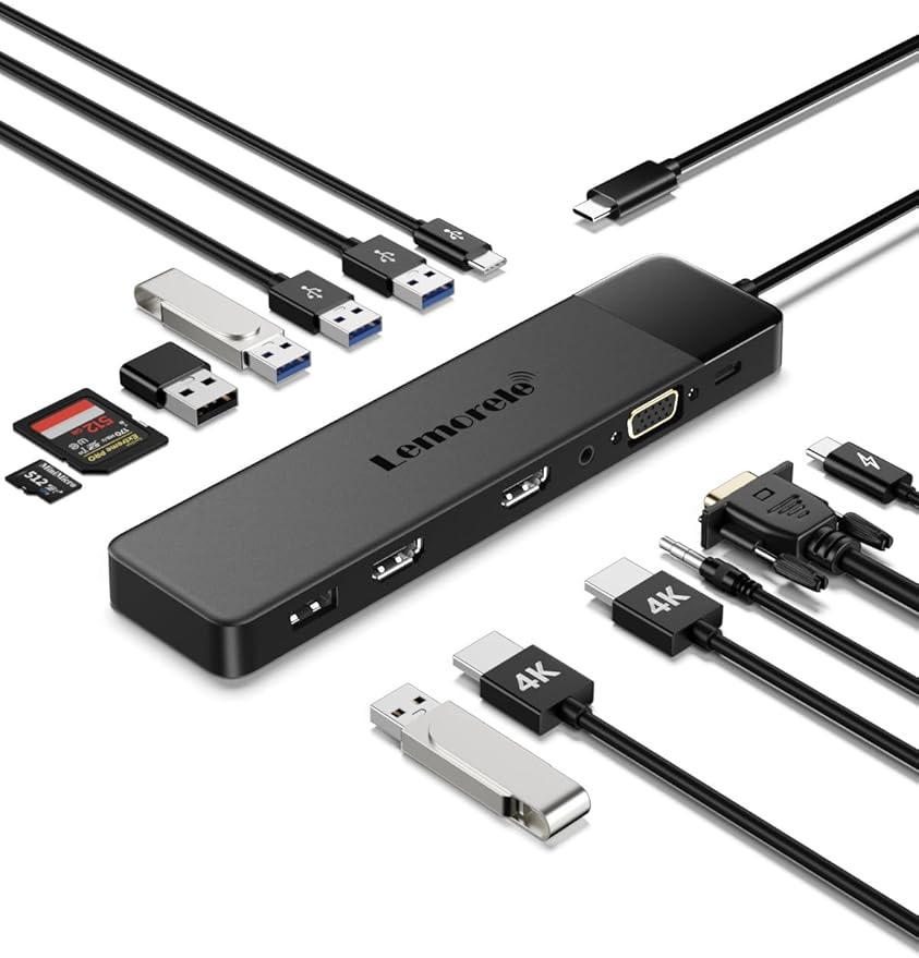Lemorele 13 in 1 USB C Docking Station Triple Monitor w/Dual HDMI 4K, VGA, 5 USB 3.0/2.0, USB-C 3.0, 100W PD, SD/TF, 3.5mm Audio, Multiport Hub Adapter for Lenovo, Surface, Dell, HP Laptops