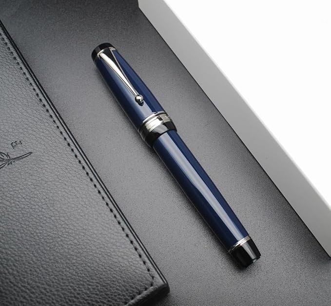 Metal Big Fountain Pen Set Medium Nib 0.7mm, Includes Ink Refill Converter, 5 Ink Cartridges & Gift Box (Medium Nib 0.7mm, Dark Blue with Silvery Clip)